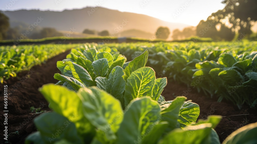 Agriculture, Field of organic lettuce growing in a sustainable farm.