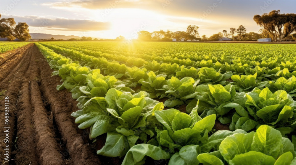 Agriculture, Field of organic lettuce growing in a sustainable farm.