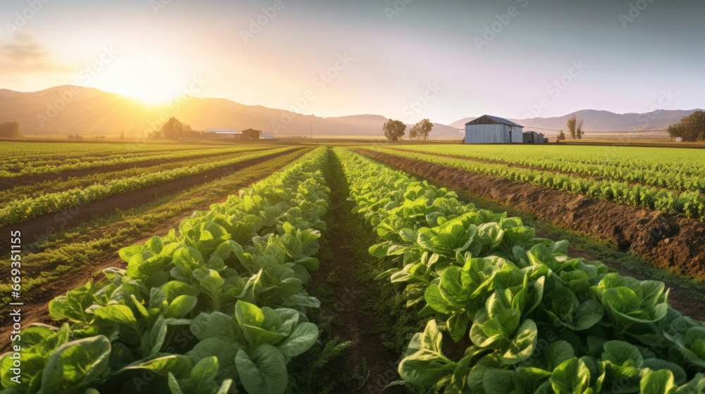 Agriculture, Field of organic lettuce growing in a sustainable farm.