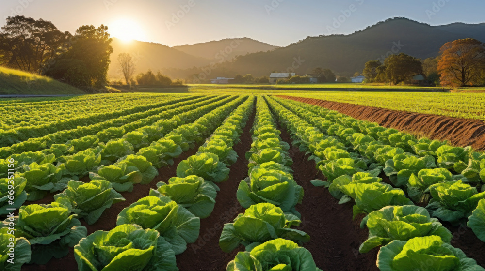 Agriculture, Field of organic lettuce growing in a sustainable farm.