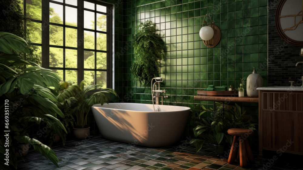 Bathroom with subway tile and a variety of dark green plants of deep forest style.