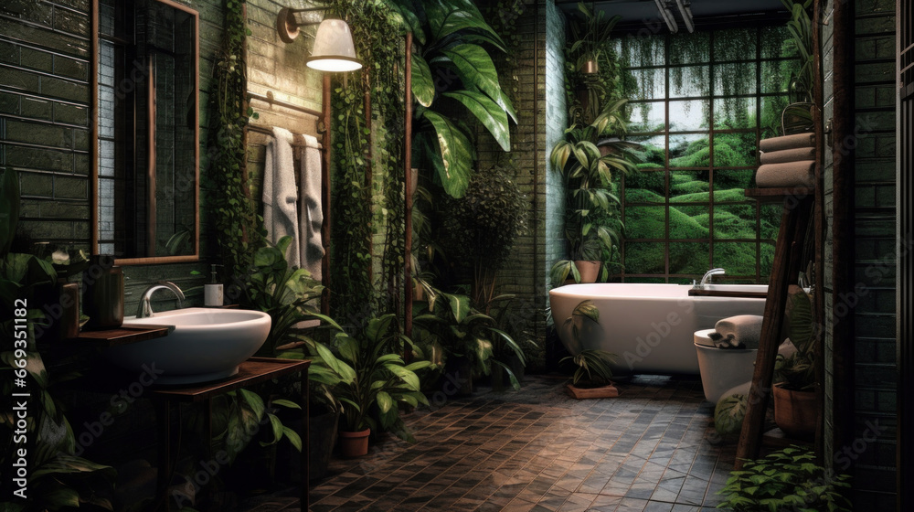 Bathroom with subway tile and a variety of dark green plants of deep forest style.