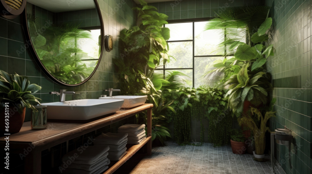 Bathroom with subway tile and a variety of dark green plants of deep forest style.