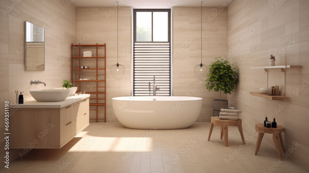 interior of modern bathroom with a shower area and bathtub.