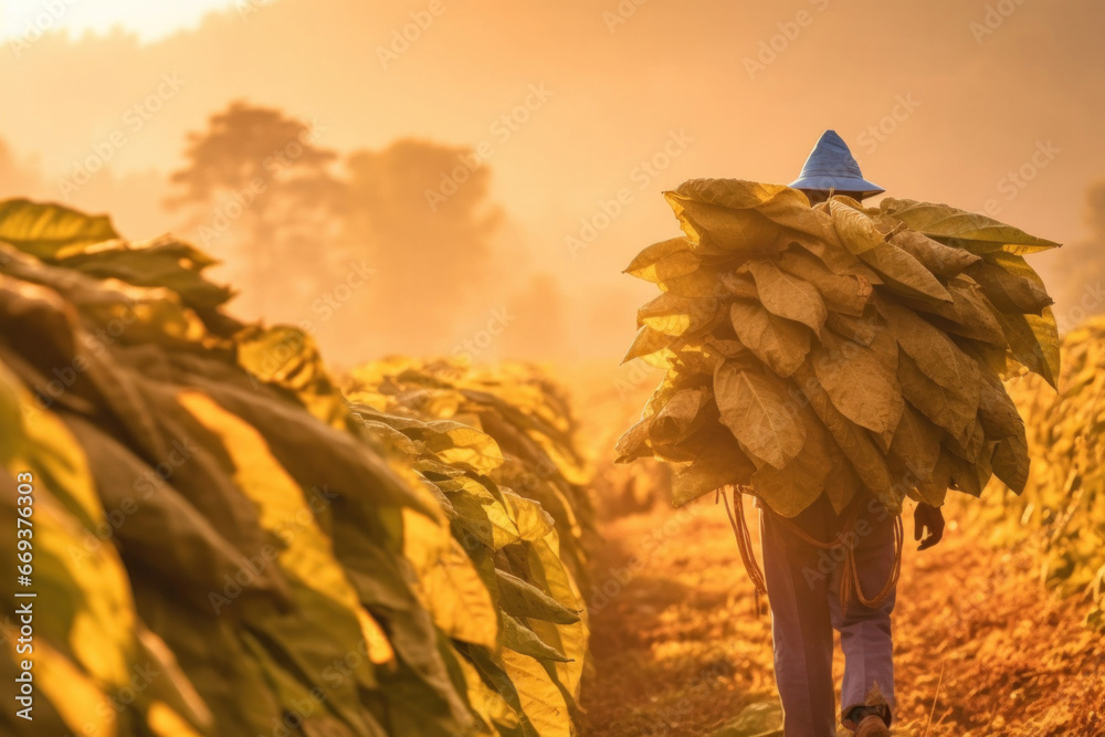 A farmer carrying the harvest of tobacco leaves in the harvest season.