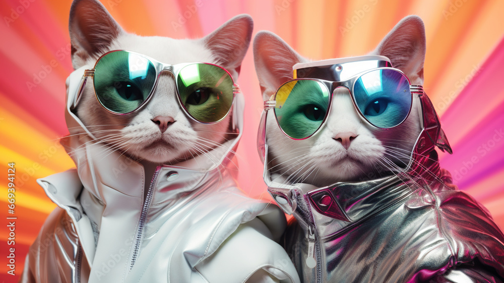 Futuristic cyber cats with fashionable clothes and accessories