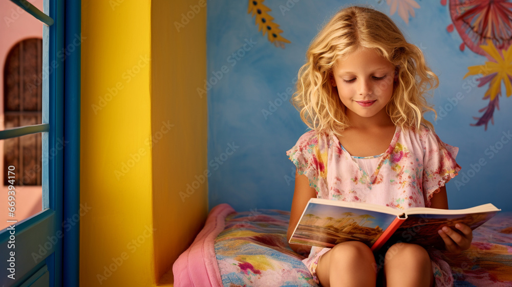 A little girl reading a book in her room