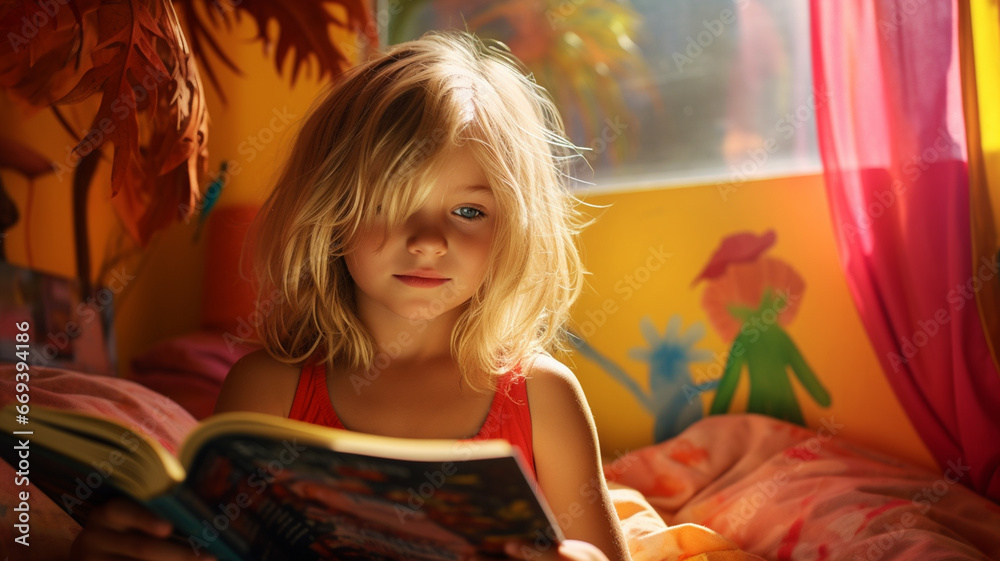 A little girl reading a book in her room