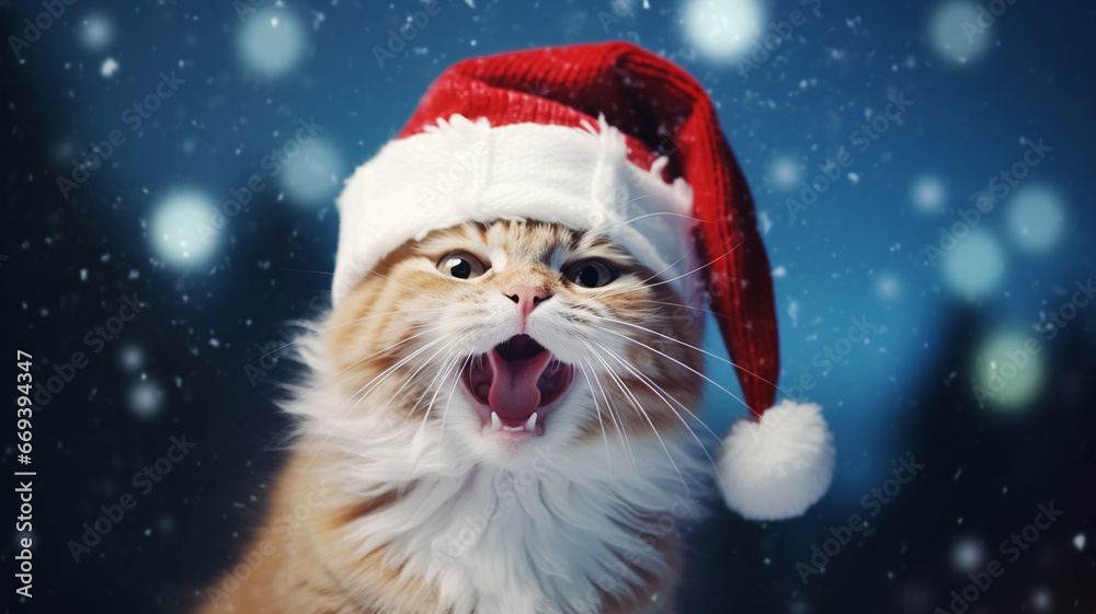 A cat wearing a red Santa hat costume