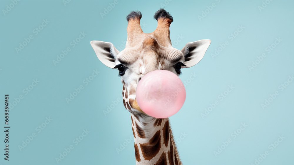 Giraffe blowing bubble gum on pink a background