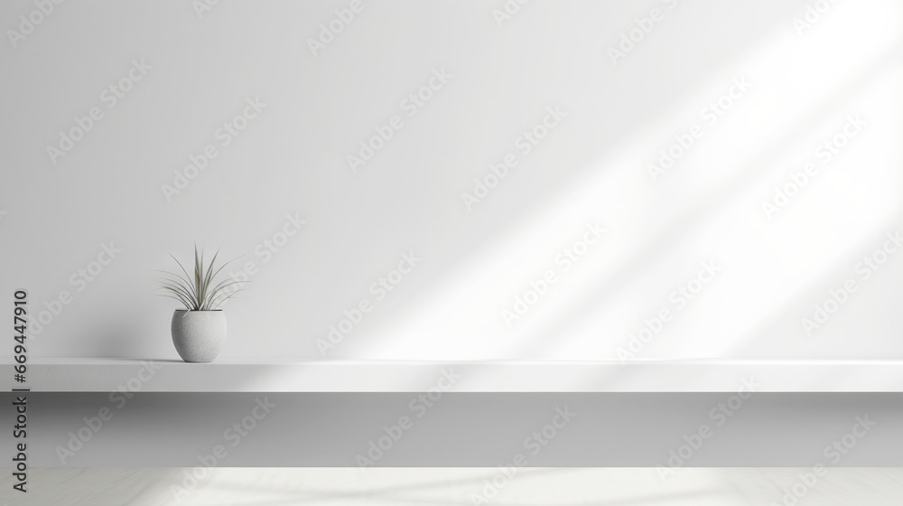 White empty room with table and nice plant, light background with shadows, sunlight Minimalistic concept. Generative AI