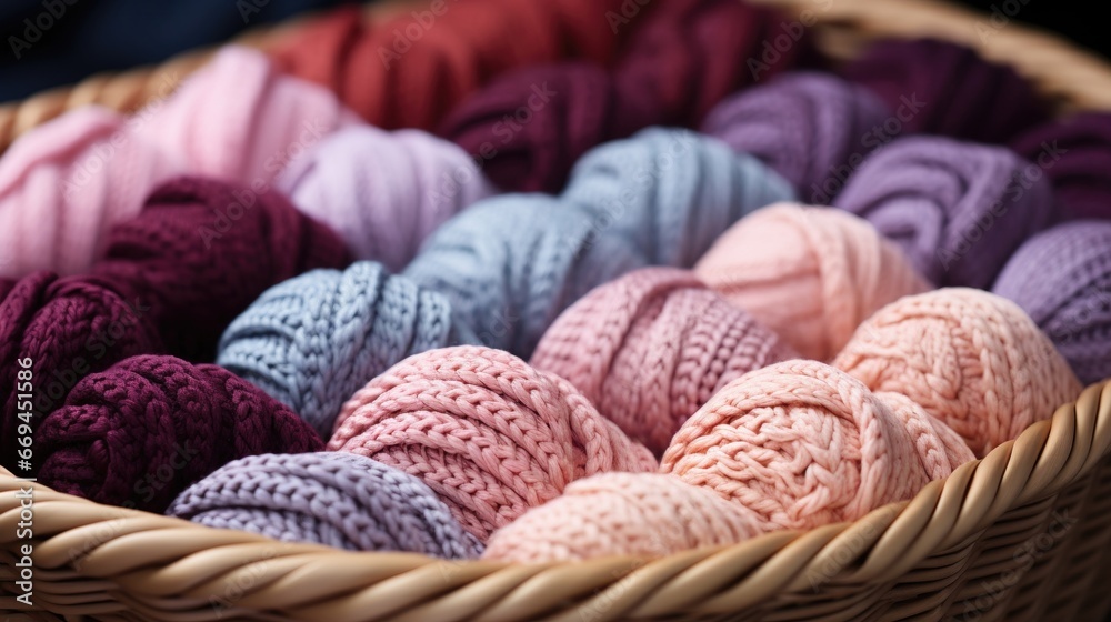 Close-up of coloured skeins of wool thread in a wooden basket. Cosy hobby concept. Generative AI