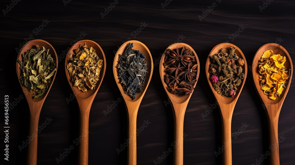 Different types of tea and herbs in vintage wood spoons, top view on dark background. Copy space. Generative AI