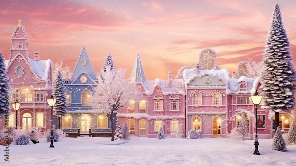 Winter cute town with snow-covered street and cozy houses. Town landscape background, greeting card. Generative AI