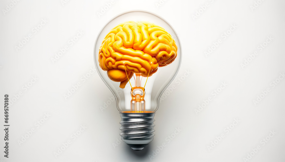 Human brain inside a light bulb on light background. Generative AI