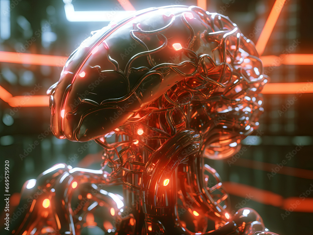 Human brain with glowing red light. Neural network concept. Generative AI