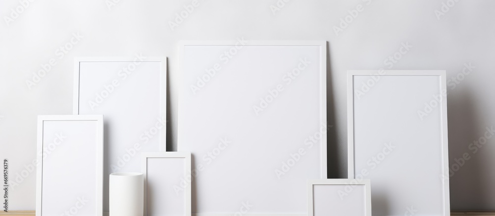 Abstract artwork with vase and frame against white wall backdrop