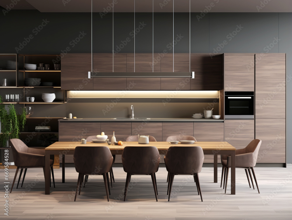 Interior of modern kitchen with gray walls, wooden floor, dark wooden cupboards and dining table with brown chairs. Generative AI