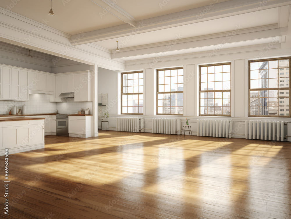 modern white kitchen interior design with wooden floor. Generative AI