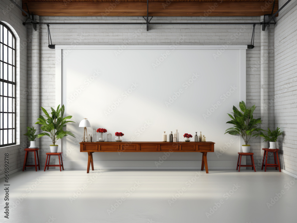 Interior of modern living room with white brick walls, concrete floor, wooden console and window with city view. Generative AI