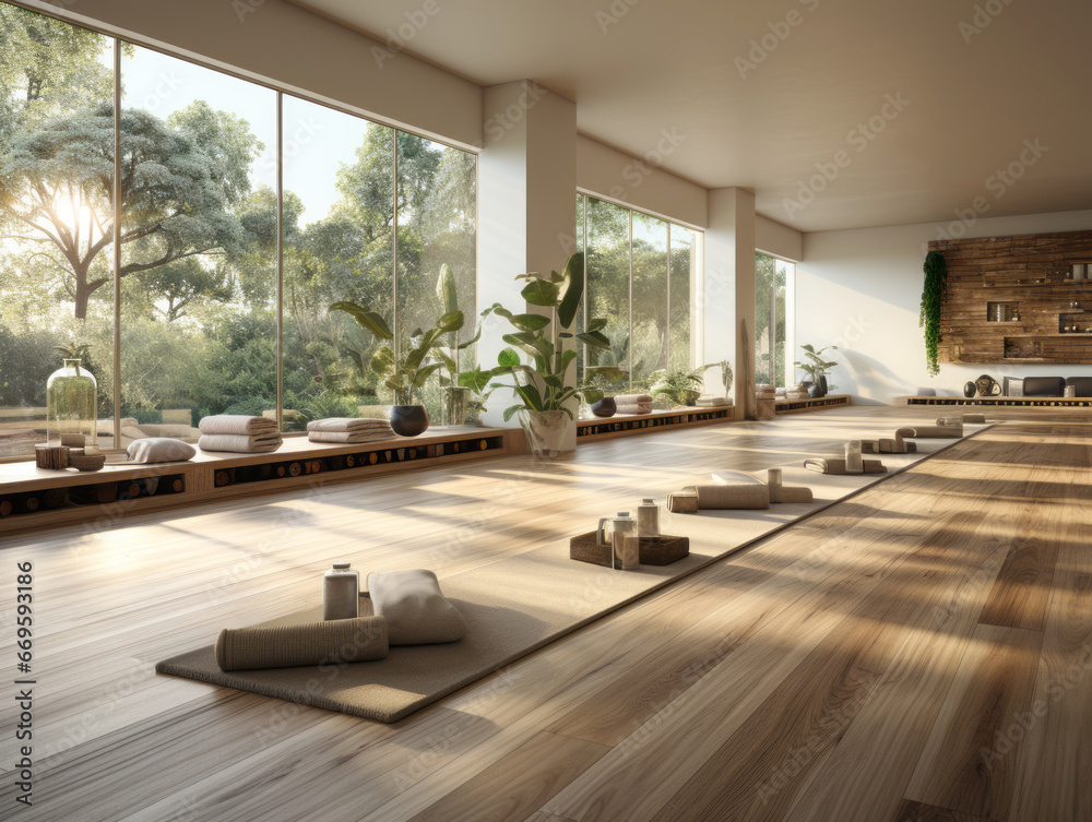 Interior of modern yoga room with white walls, wooden floor, panoramic window with countryside view. Generative AI