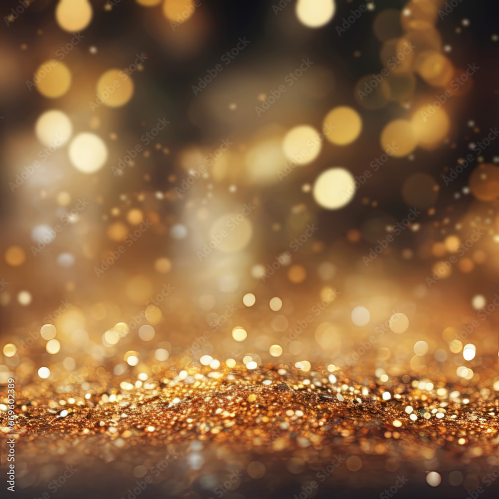 Golden blurred background with a bokeh effect and confetti. An abstract luxurious festive backdrop. Generative ai.