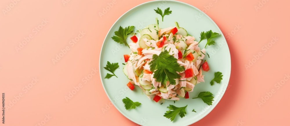 Crab salad displayed on red background Top view flat lay