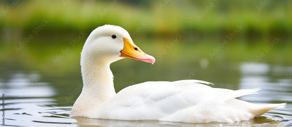 White duck posing by a lake