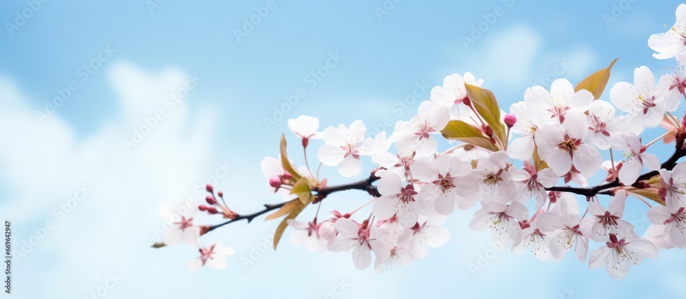 Spring flowers over a blue sky background