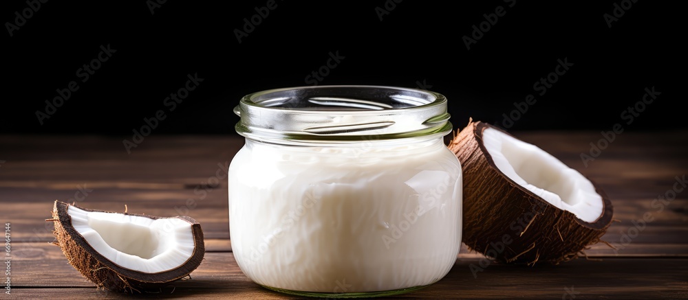 Fresh coconut oil in glass jar on wooden surface