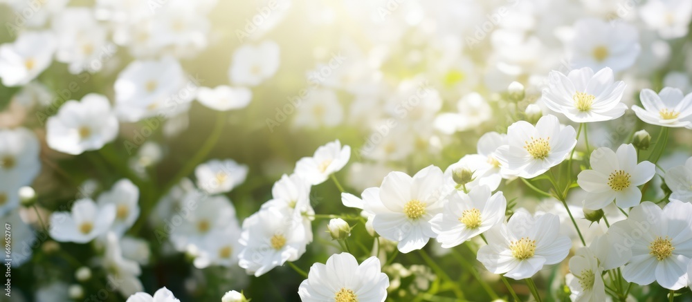 Several stunning white flowers in the sunny summer garden