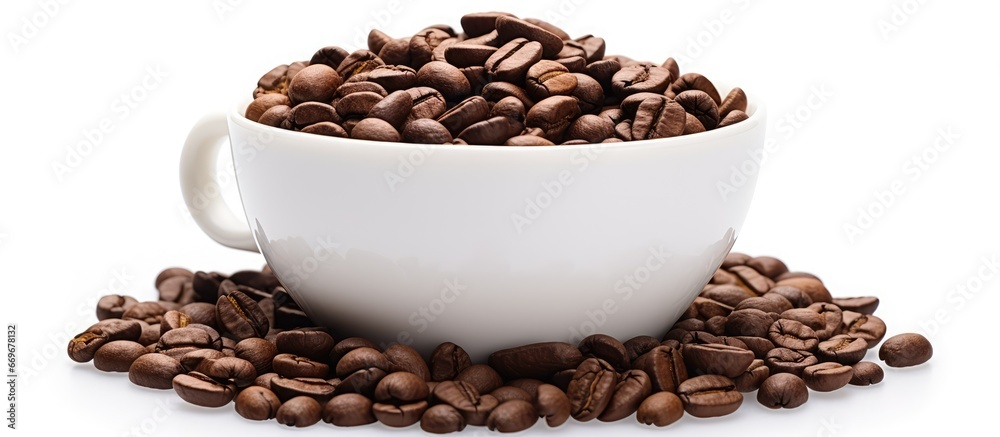 Coffee beans fill a white cup