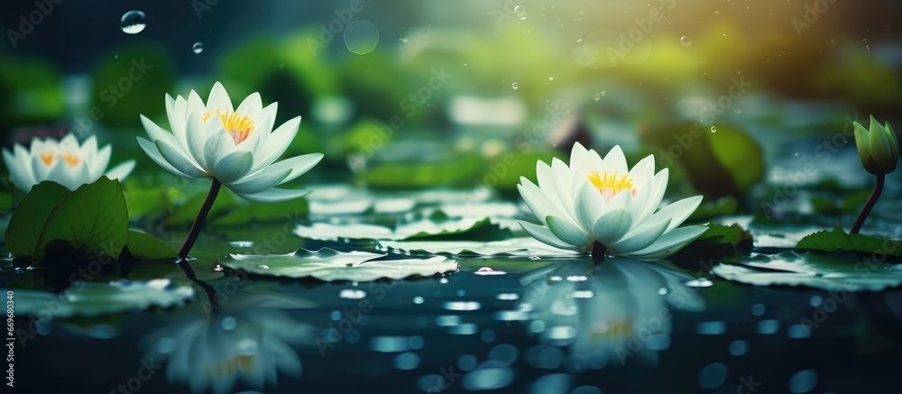 Beautiful water lily flower in a green pond