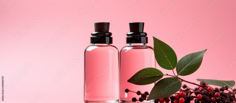 Three wintergreen leaves and berries essential oil bottles on pink background