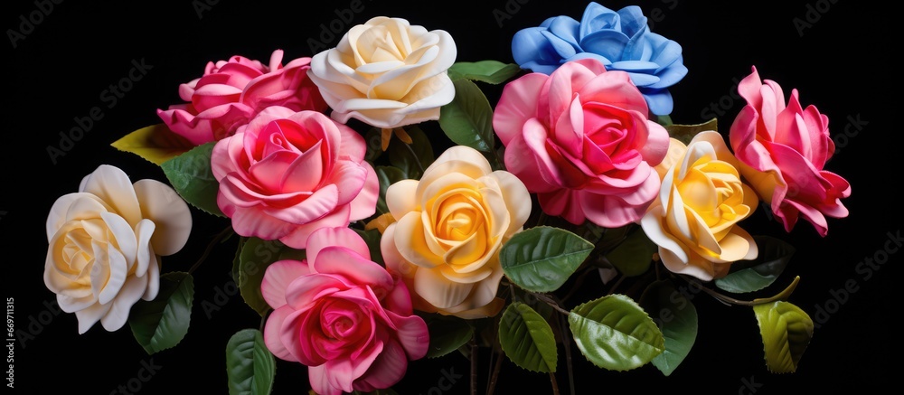 Various colored tea rose flowers arranged in a bunch