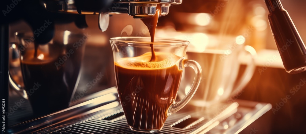 Espresso being poured from coffee machine as barista creates latte art in sunrise colored cafe