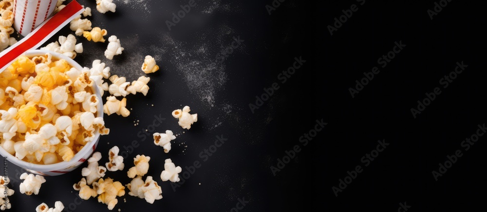 Film snacks Popcorn soda and glasses on a grey background