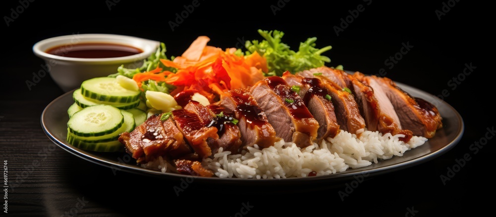 Asian style fusion rice topped with sweet sauce carved vegetables spring onion and cucumber