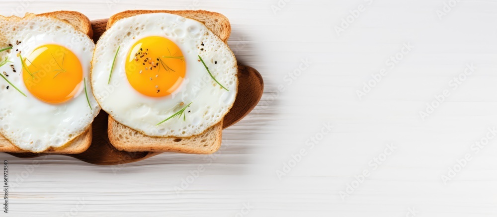 Buttered white toast topped with fried eggs