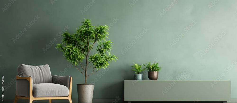 AI generated image of a modern living room with a green cabinet TV armchair and plant on a concrete wall background