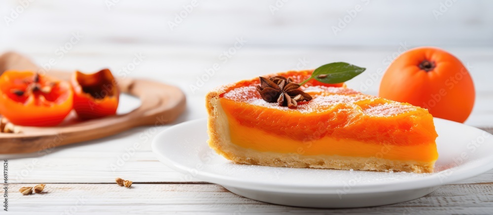 Close up of sweet persimmon pie on white wooden background