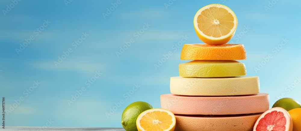 Arranging citrus fruits on a table Citrus fruit pyramid grapefruit lime orange lemon on blue background Space for text