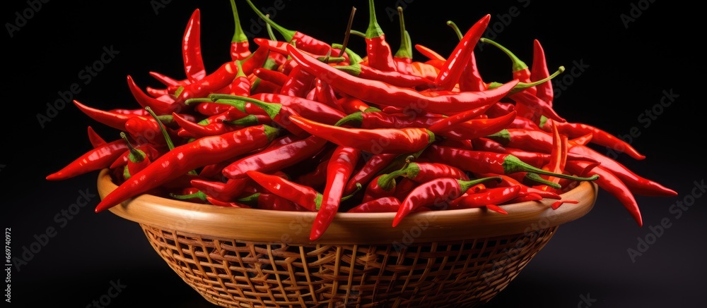 Close up shot of spicy chili peppers like birds eye piri piri Thai chili or cili padi