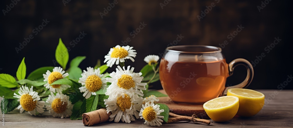 Floral tea with daisy and ginger on stone background