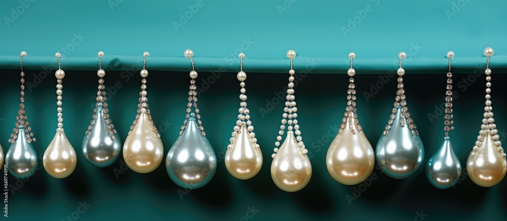 A turquoise satin fabric backdrop with strings of faux pearl and teardrop beads for weddings or formal occasions