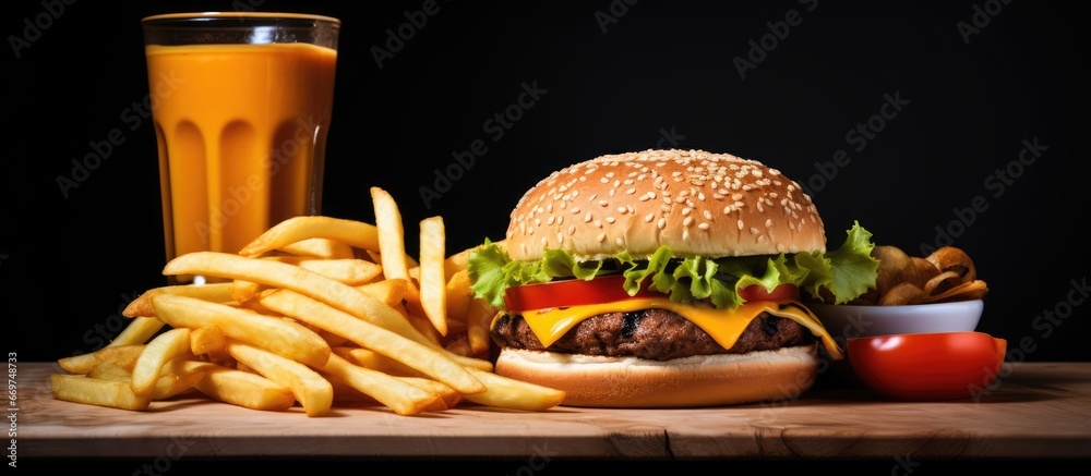 Burger with white bread fries and fresh orange juice