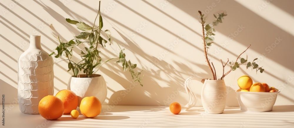 Objects on white tile background with sunlight shining through