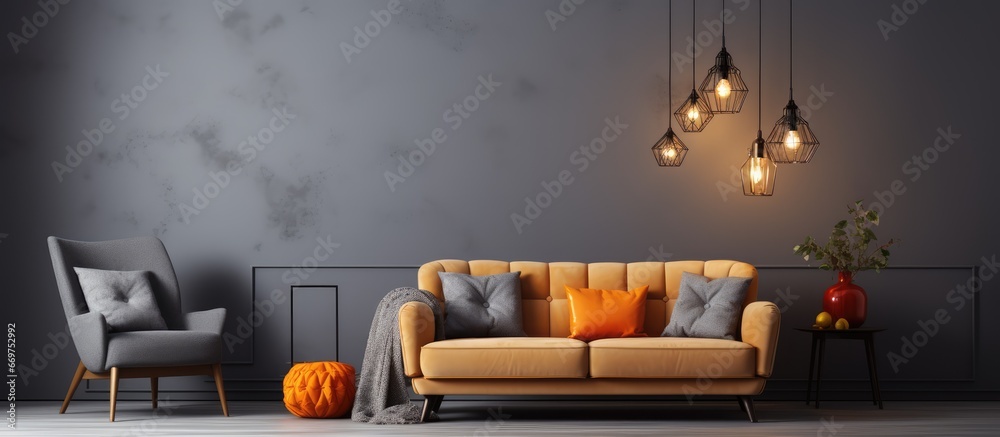 Cozy grey sofa armchair and glowing lamps in living room