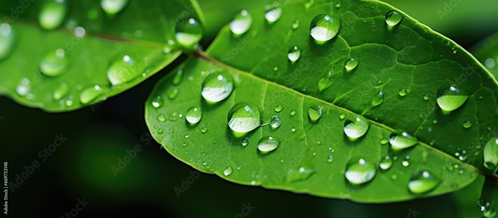 Transparent rainwater drops on a macro green leaf