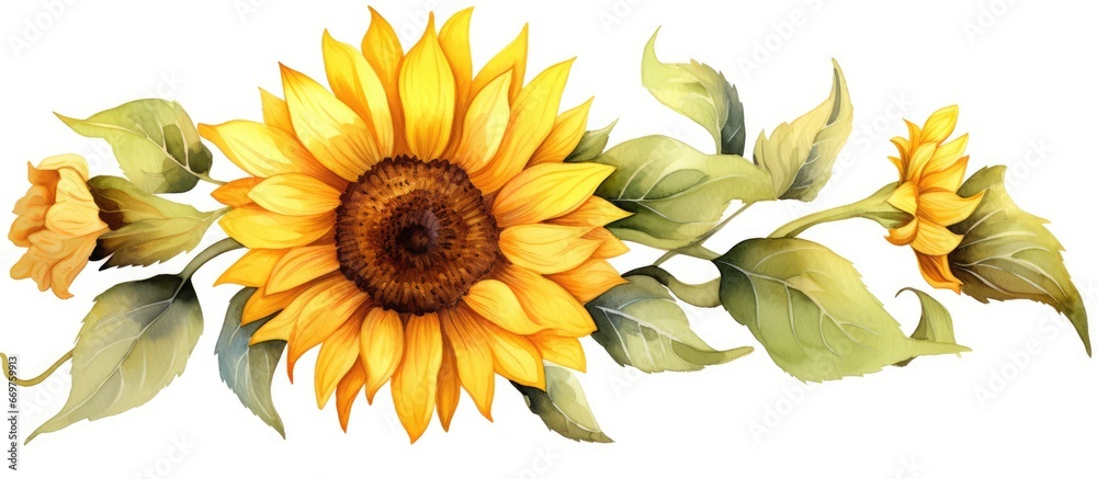 Outlined watercolor drawing of a blooming sunflower on a white background